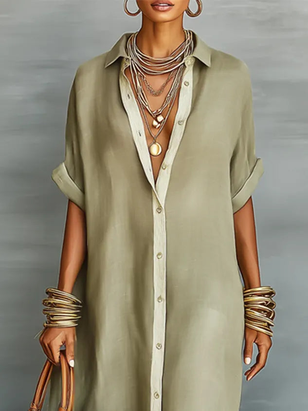 Casual Colorblock Relaxed Maxi Shirt Dress