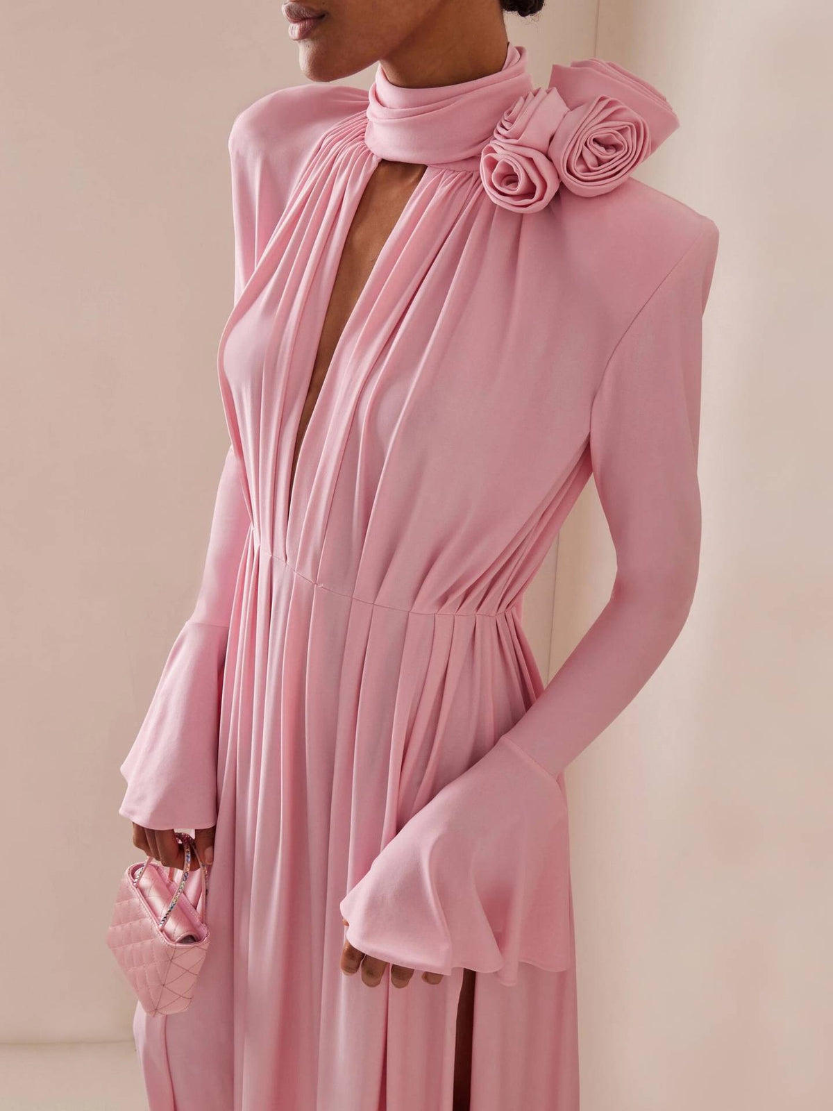 Three-Dimensional Flower Deep V Pleated Maxi Dress