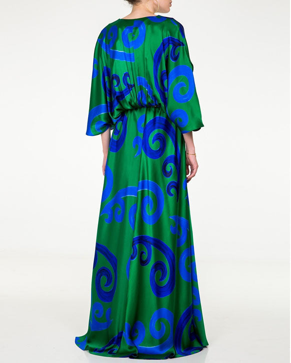Green Blue Peacock Silk Iris Maxi Dress