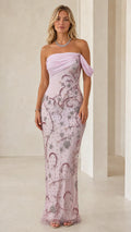 Off-the-Shoulder Draped Chiffon Beaded Formal Evening Maxi Gown