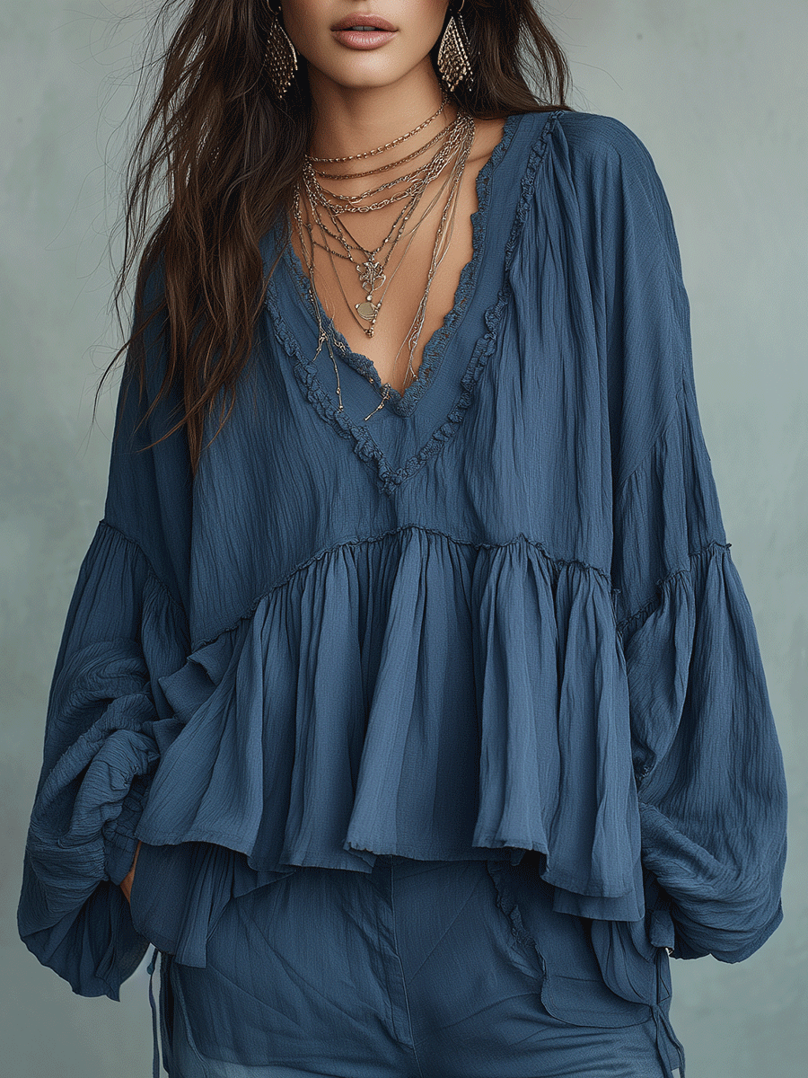 Midnight Blue Bohemian Peplum Blouse