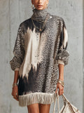 Gray Leopard Print Turtleneck Fringe Hem Faux Suede  Dress