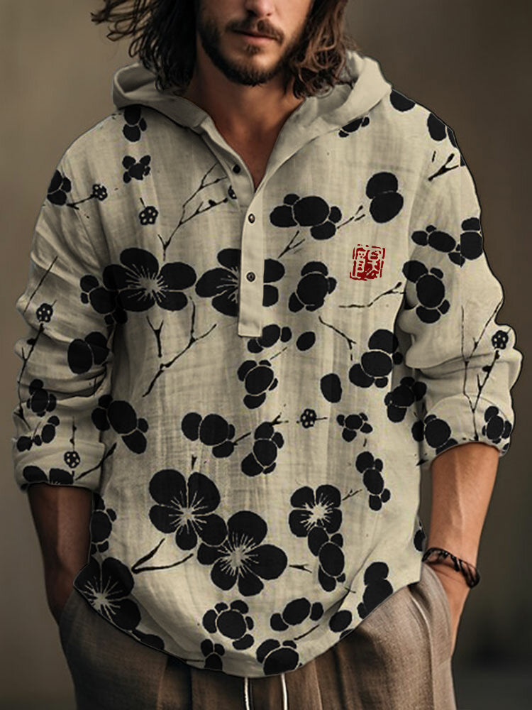 Cherry Blossom Japanese Lino Art Linen Blend Hooded Shirt
