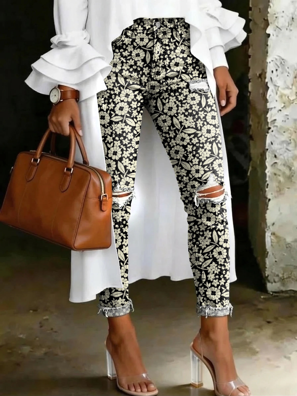 Women's Fashion Floral Print Casual Skinny Ripped Jeans With Artistic Print