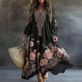 Women's Vintage Floral Art Flowy Linen Blend Casual V Neck Long Sleeve Maxi Dress