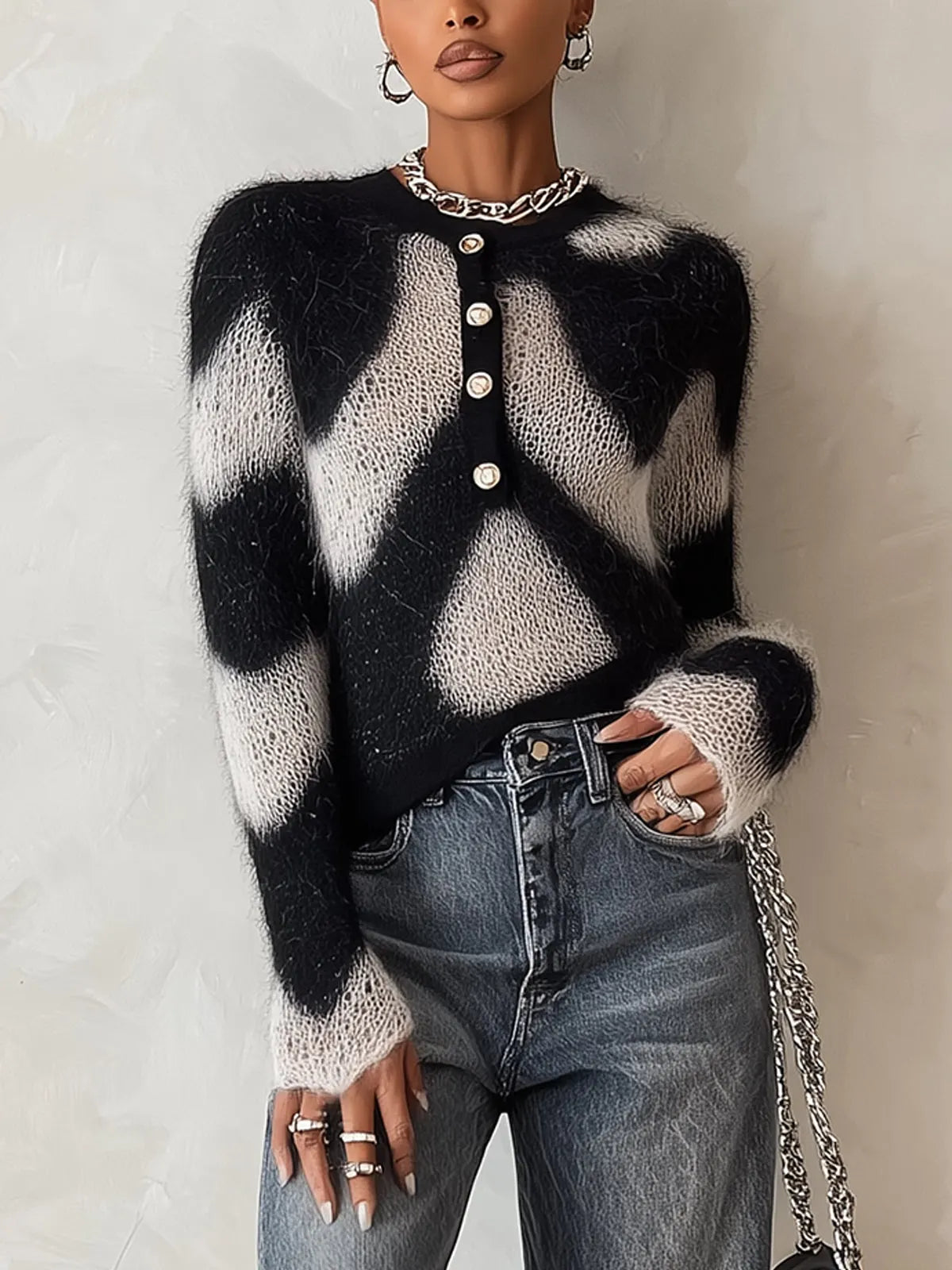 Black White Fuzzy Button-Front Knit Sweater