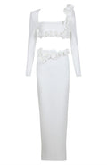 Long Sleeve Flower Detail Two Piece Maxi Dress White