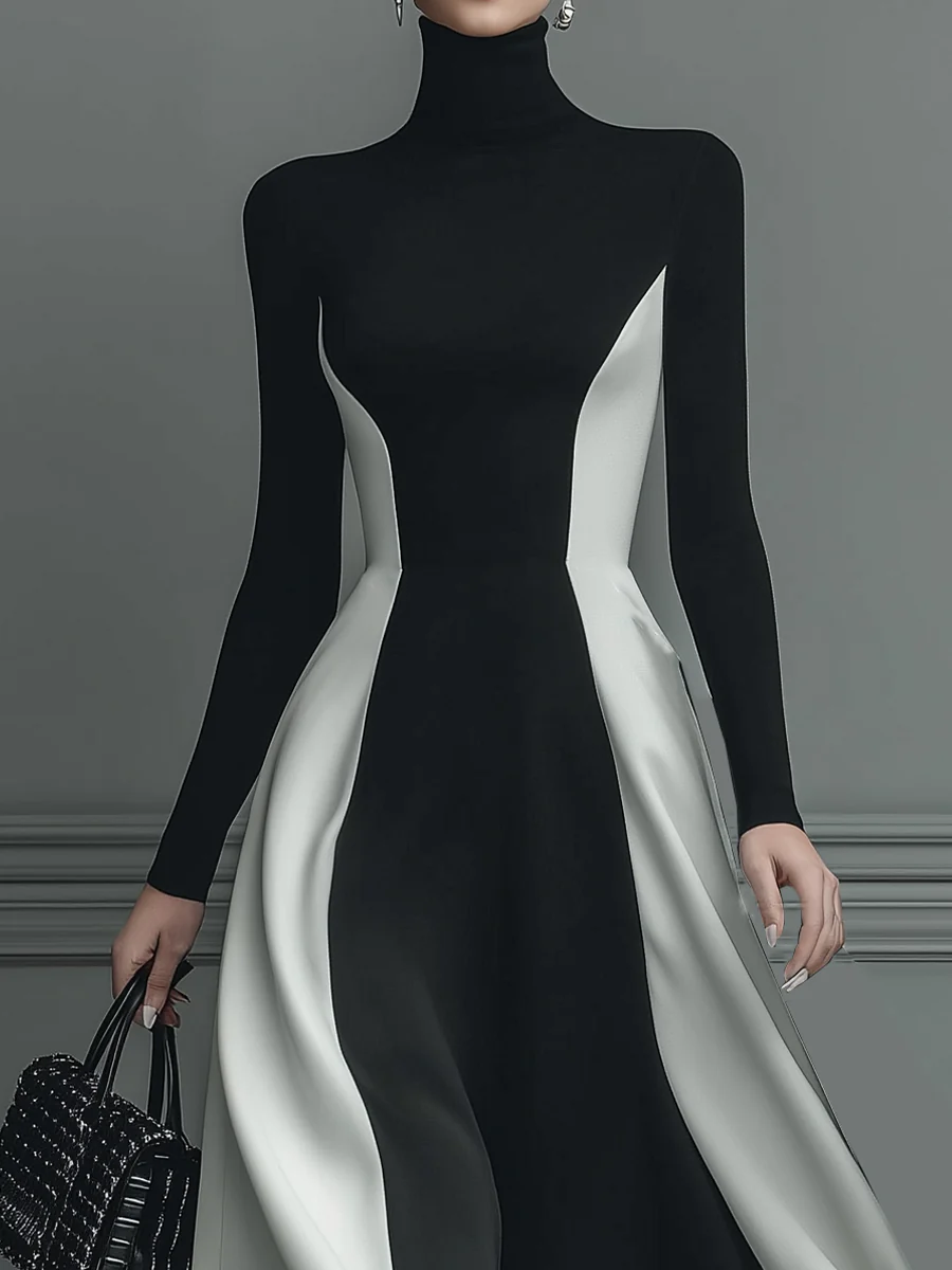 Black And White Stitching Knitted Maxi Dress