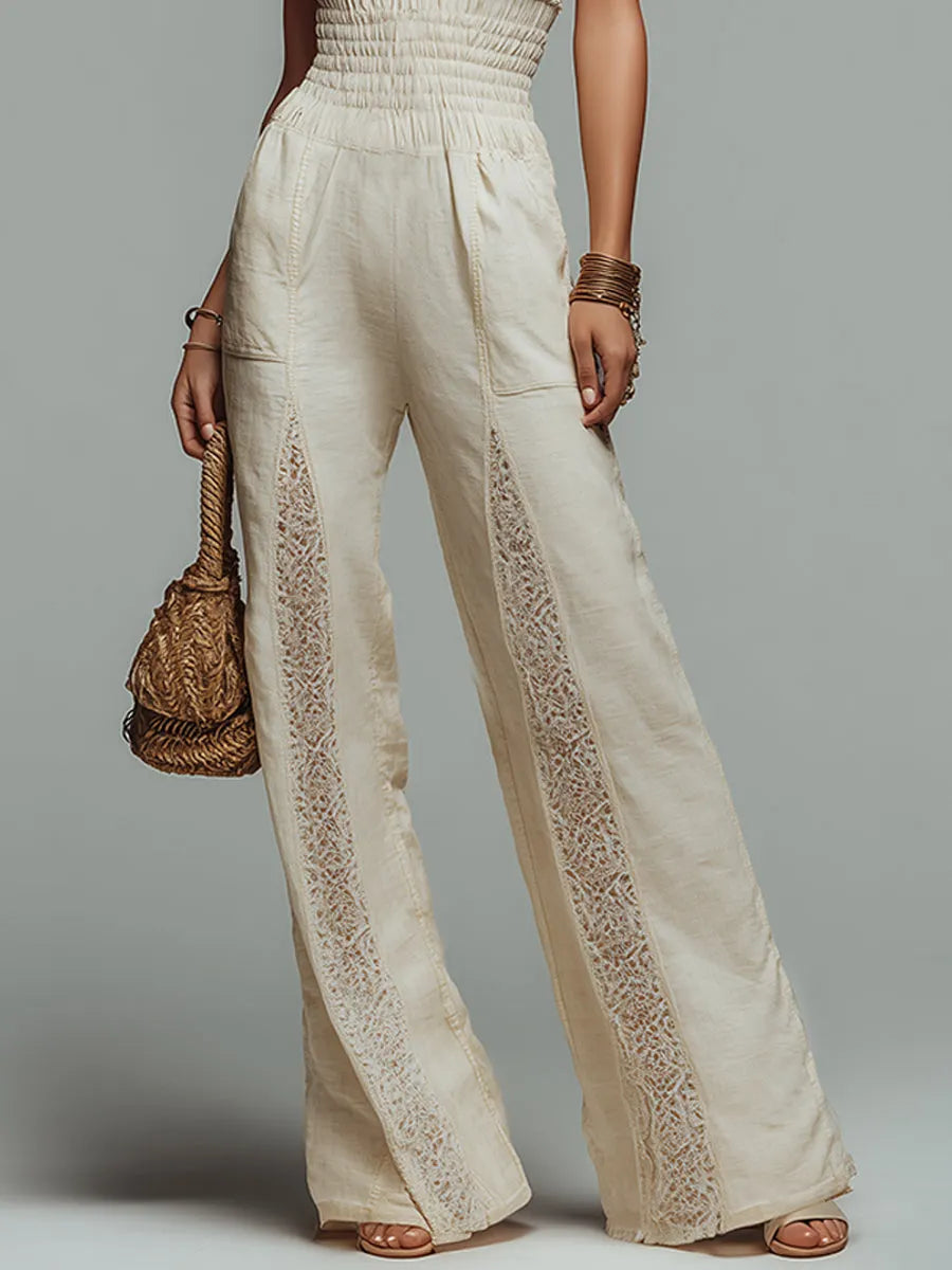 Retro Shirred-Waist Halter-Neck Lace-Trimmed Wide-Leg Jumpsuit