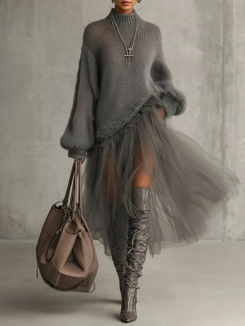 Women's Solid Color Knitted Turtleneck Mesh Dress