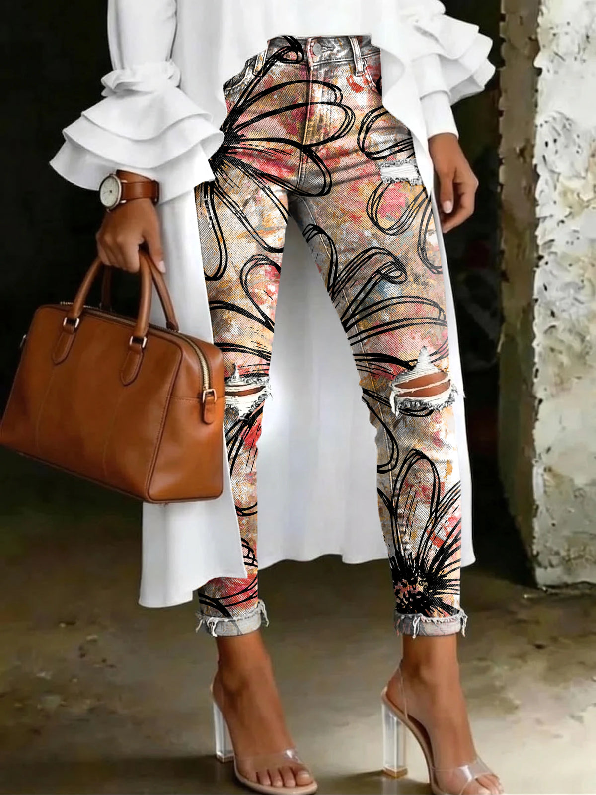 Women's Fashion Retro Graffiti Floral High-waisted Skinny Ripped Casual Jeans With Artistic Print