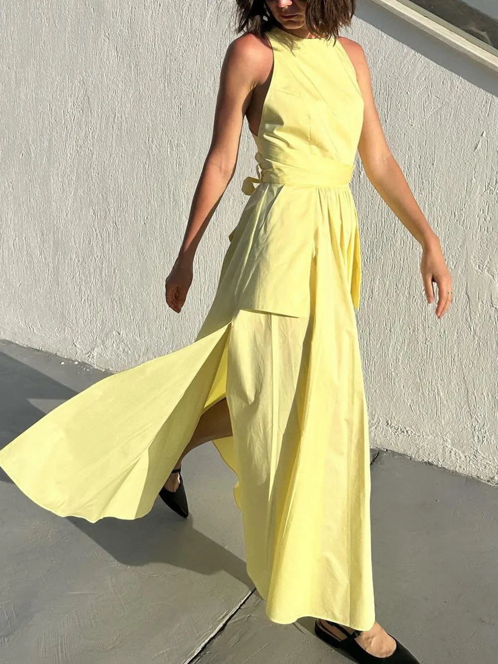 Unique Side Slit Lace-Up Pocket Vest Dress