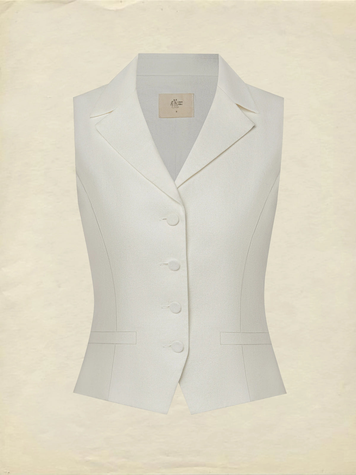 Linen Vest, Sleeveless, Shawl Collar, Plain, Button Design, Vacation, Vintage, White