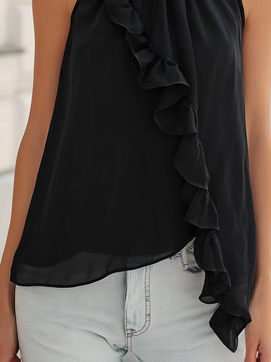 Elegant Ruffle Trim High Neck Halter Chiffon Blouse