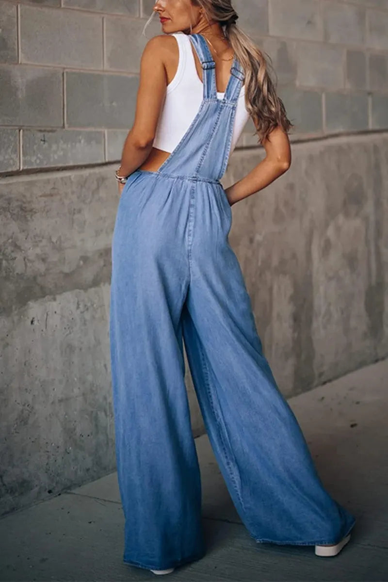Women's Loose Adjustable Strap Wide Leg Denim Bib Overall Jeans Pants