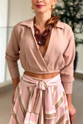 Women Elegant Casual Collar Top or Vertical Stripe Half Skirt
