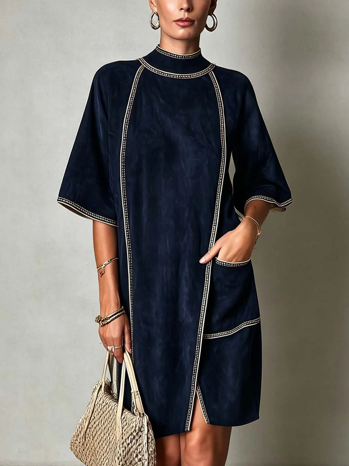 Navy Faux Suede Midi Dress With Vintage Trim Detail