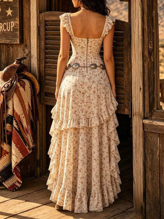 Bohemian floral ruffled tiered high-slit maxi dress(Belt not included)