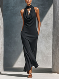 Women’s Black Knitted Fabric Sleeveless Cowl Neck Halter Maxi Dress With Pockets MDZ2426D4T