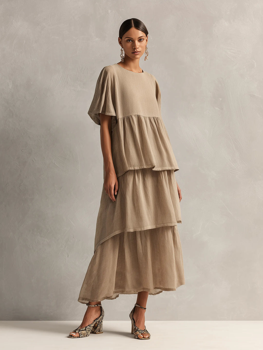Women's Minimalist Linen-Blend Short-Sleeve Maxi Dress With Tiered Hem MDZ2371F5WY