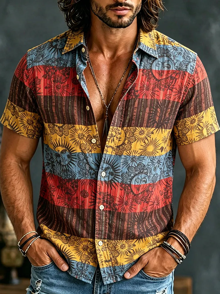 Men's Casual Retro Sun And Moon Striped Print Short-sleeve Shirt