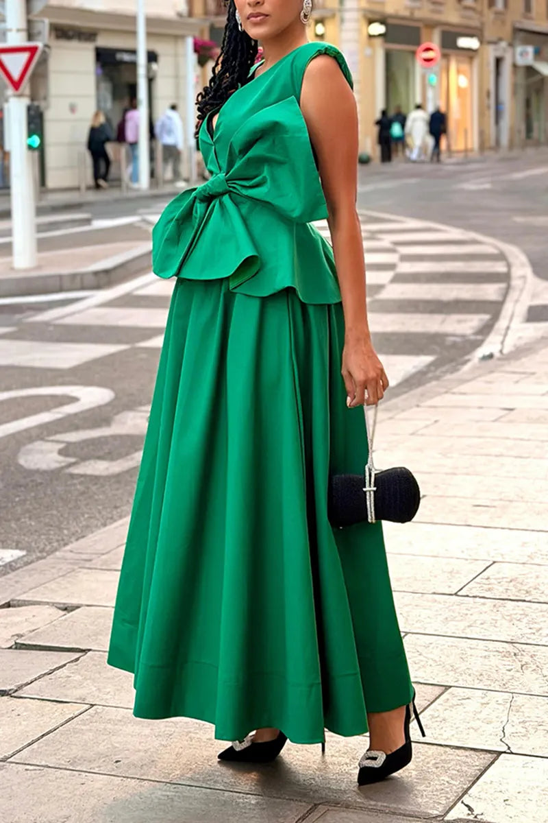 Women's Fashion V-Neck Bow Vset Skirt Set