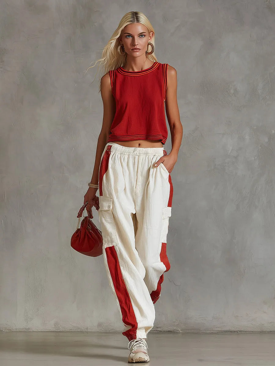 Casual & Stylish Red Vest And White Cargo Pants Cotton-Linen Set