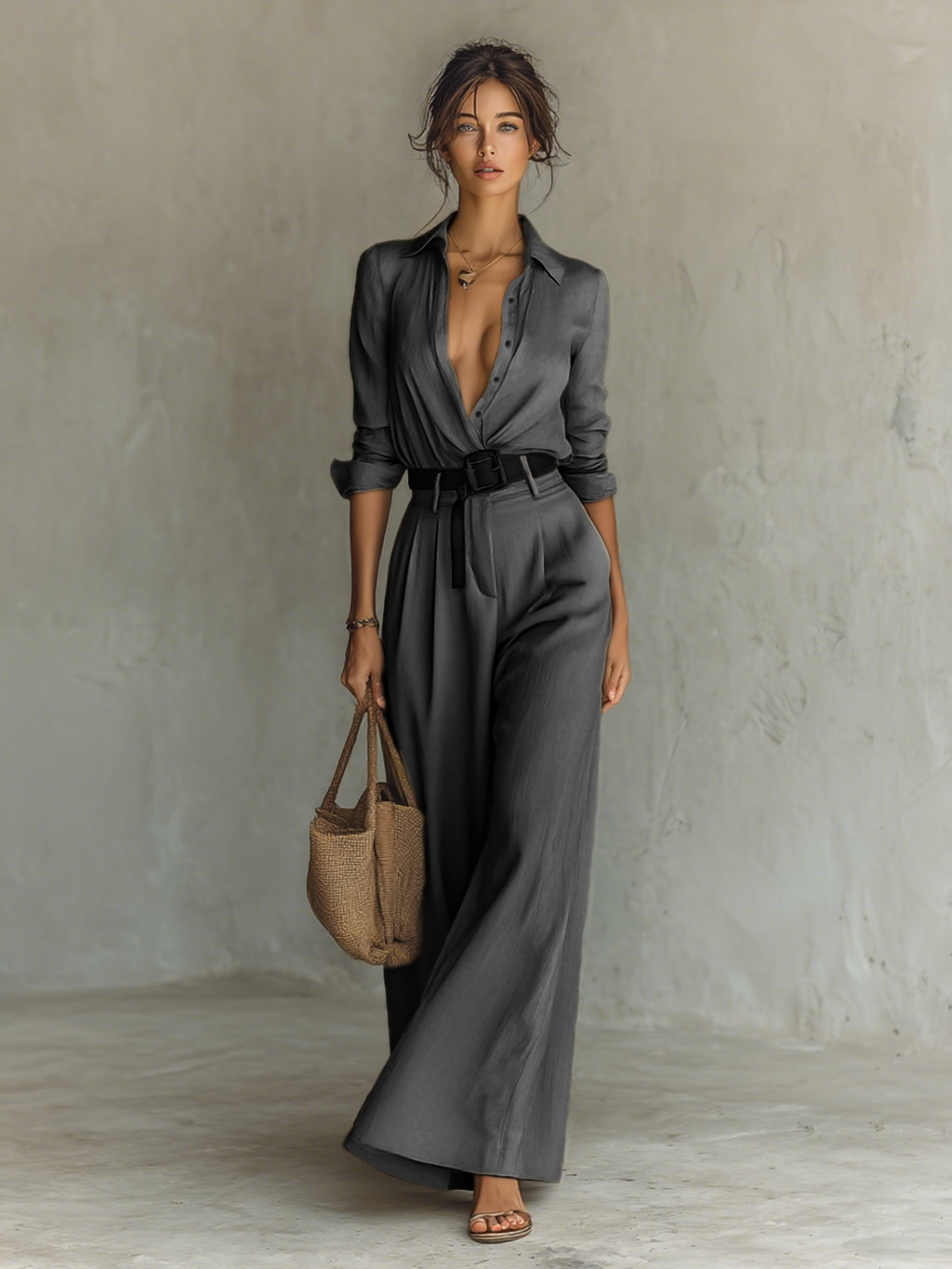 Women's Cotton And Linen Blend Long-Sleeved Shirt And Wide-Leg Pants Set (Belt Included)