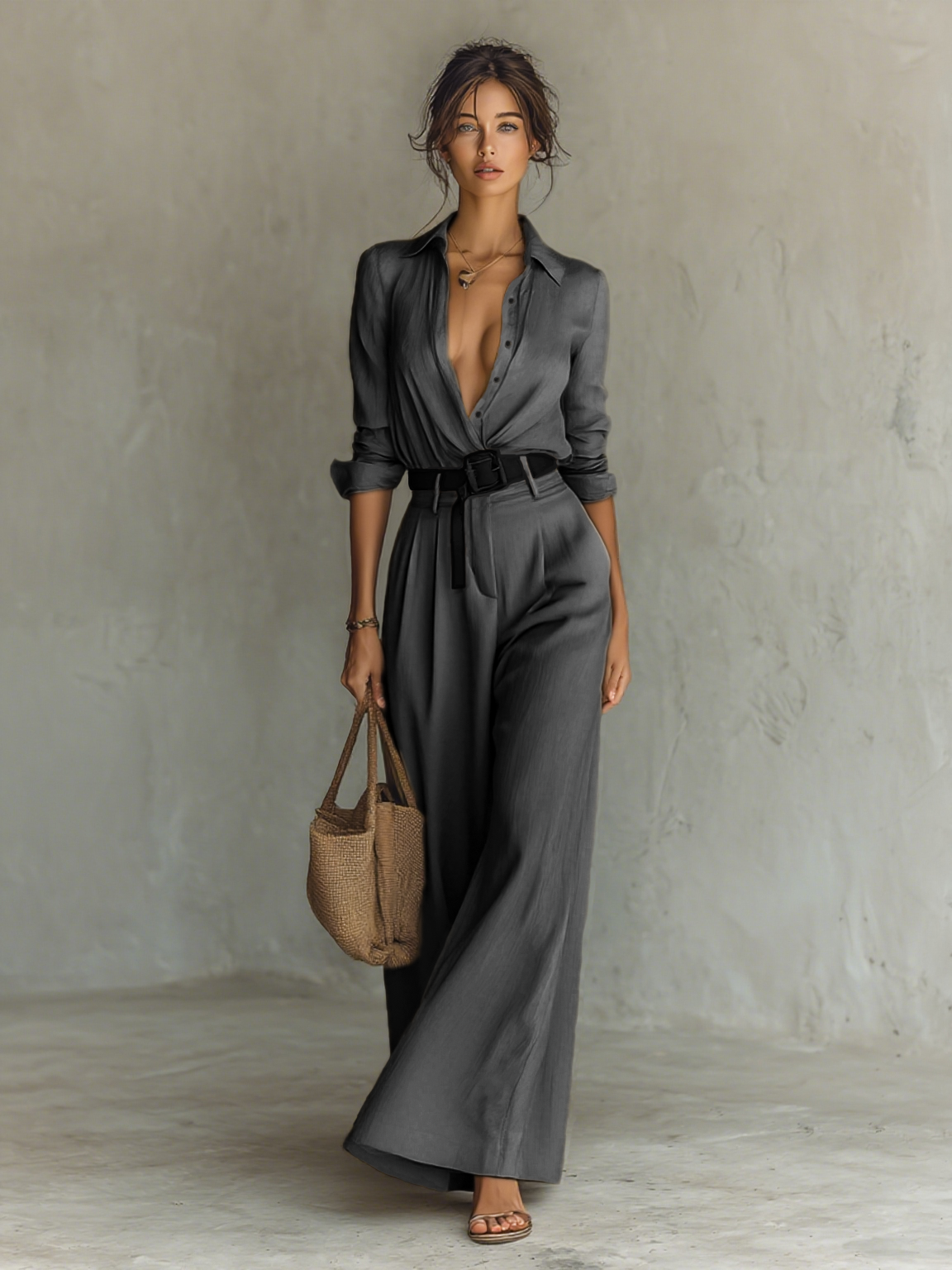 Women's Cotton And Linen Blend Long-Sleeved Shirt And Wide-Leg Pants Set (Belt Included)