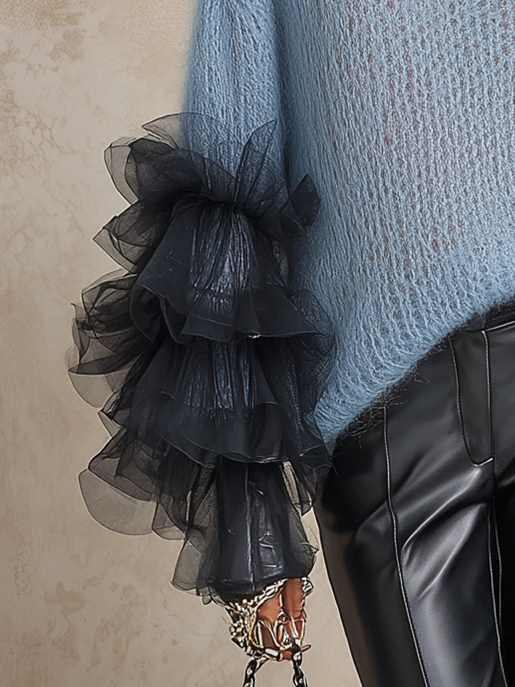 Light Blue Mohair Crew Neck Sweater With Layered Black Tulle Ruffle Cuffs