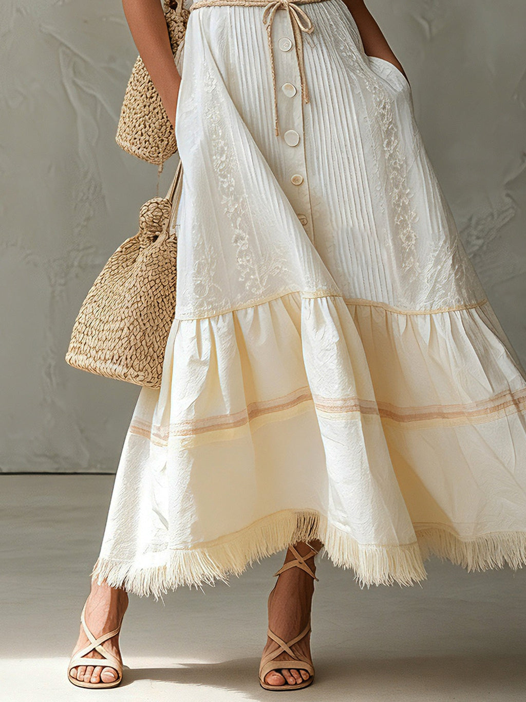 Cream Sleeveless Fringe Hem Maxi Dress