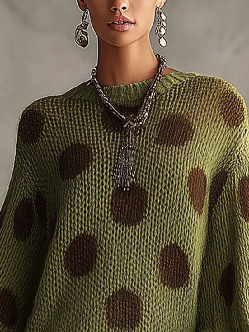 24-Hour-Shipping Green Polka Dot Oversized Knit Sweater Dress With Ruffled Hem