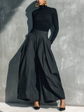 Women's Casual Black Stretch-knit Long-sleeve Top Paired With Dark Gray Woven Wide-leg Trousers MDZ2470G8LXY