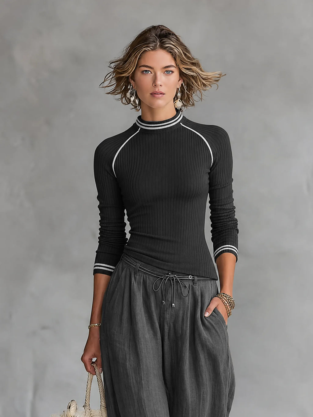 Women's Casual Ribbed Sweater And Wide-Leg Pants Set MDZ2736G1WY