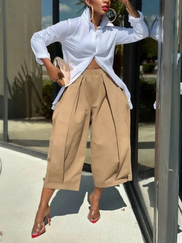 Casual Cotton Wide-Leg Cropped Pants
