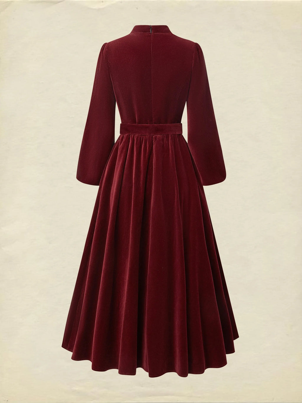 Midi Cotton Dress, Long Sleeves, Stand Collar, Plain, Vintage, Wine Red
