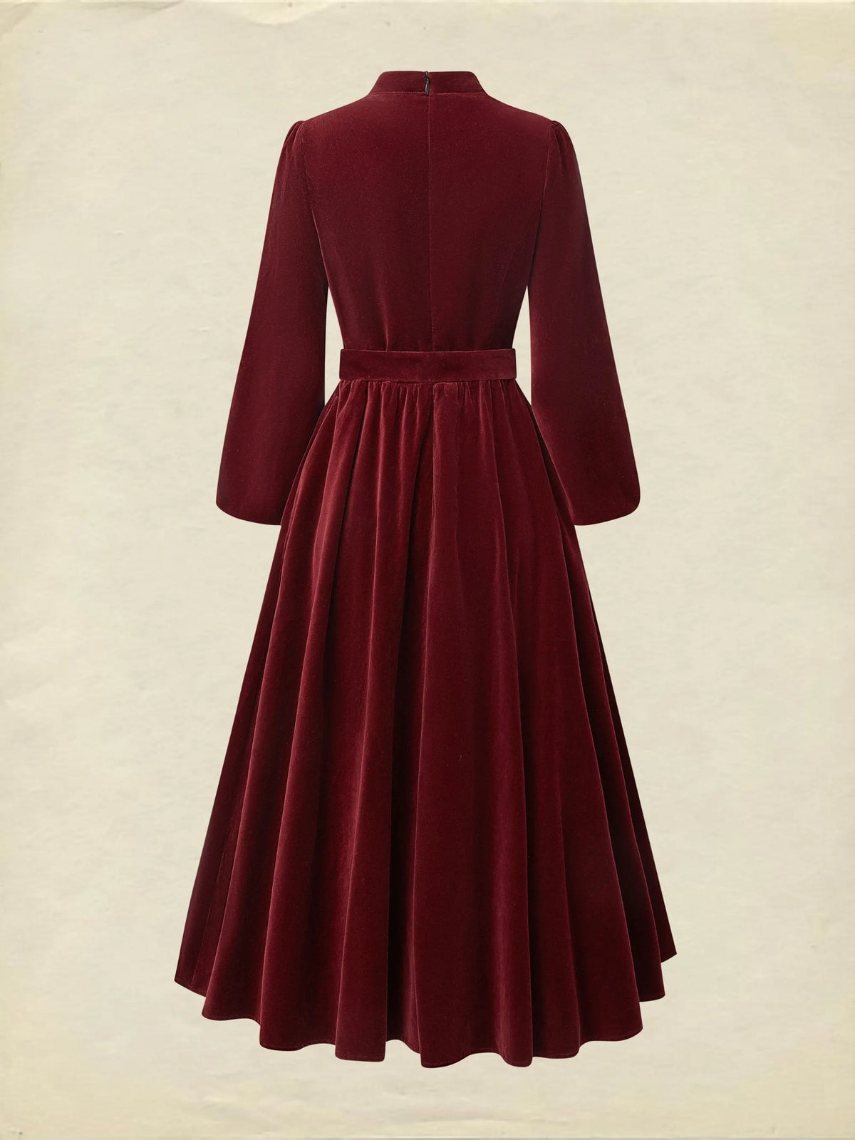 Midi Cotton Dress, Long Sleeves, Stand Collar, Plain, Vintage, Wine Red