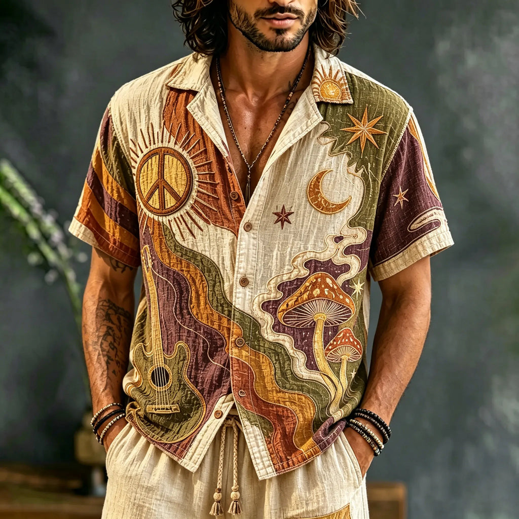 Men's Hippie Retro Sun And Moon Psychedelic Mushroom Color-blocked Cotton And Linen Shirt