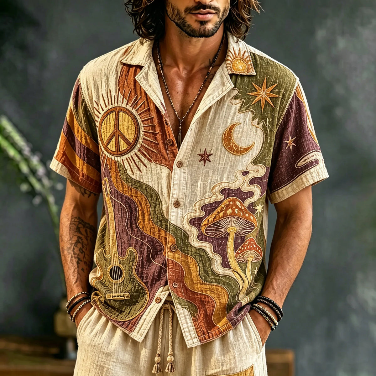 Men's Hippie Retro Sun And Moon Psychedelic Mushroom Color-blocked Cotton And Linen Shirt