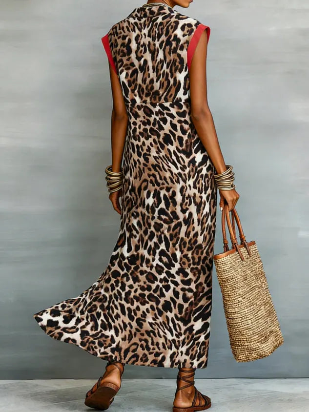 Casual Leopard Colorblock Tailored Maxi Dress