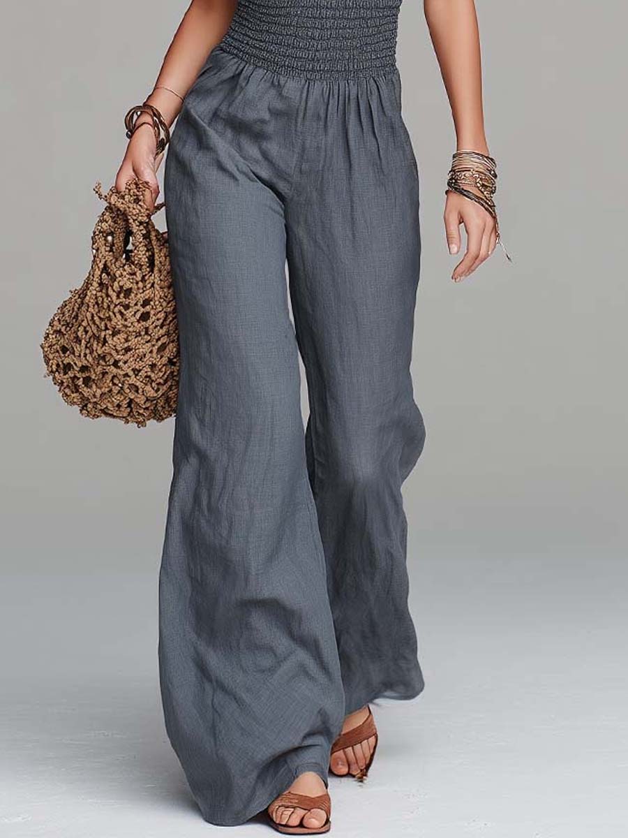 Slate Blue Tencel-Linen Blend Halter Smocked-Waist Wide-Leg Jumpsuit