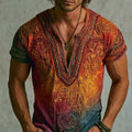 Men’s Boho Ombre Gradient Beaded Embroidery V-neck Tee, Retro Psychedelic Star & Musical Print Casual Tshirt