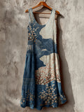Cherry Blossom Sea Waves Japanese Sashiko Art Linen Maxi Dress