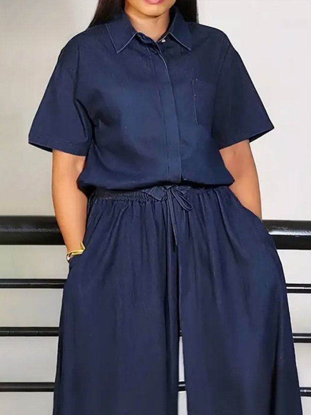 Casual Plain Shirt Collar Soft Tencel  Denim Shirt