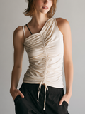 Women’s Beige Asymmetrical Ruched Drawstring Tank Top MDZ2761D0T