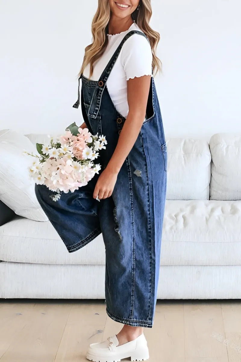 Women's Casual Adjustable Straps Denim Bib Overalls Distressed Ripped Wide Leg Jeans Long Pants Jumpsuits