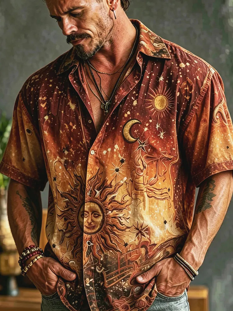 Vintage Celestial Sun Moon Star Print Short Sleeve Shirt For Men, Boho Western Rust Gradient Astrology Casual Button Down Blouse