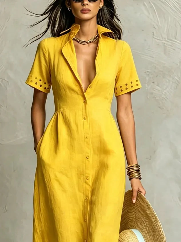 Cotton And Linen Casual Plain Hollow Out Shirt Collar Maxi Dress