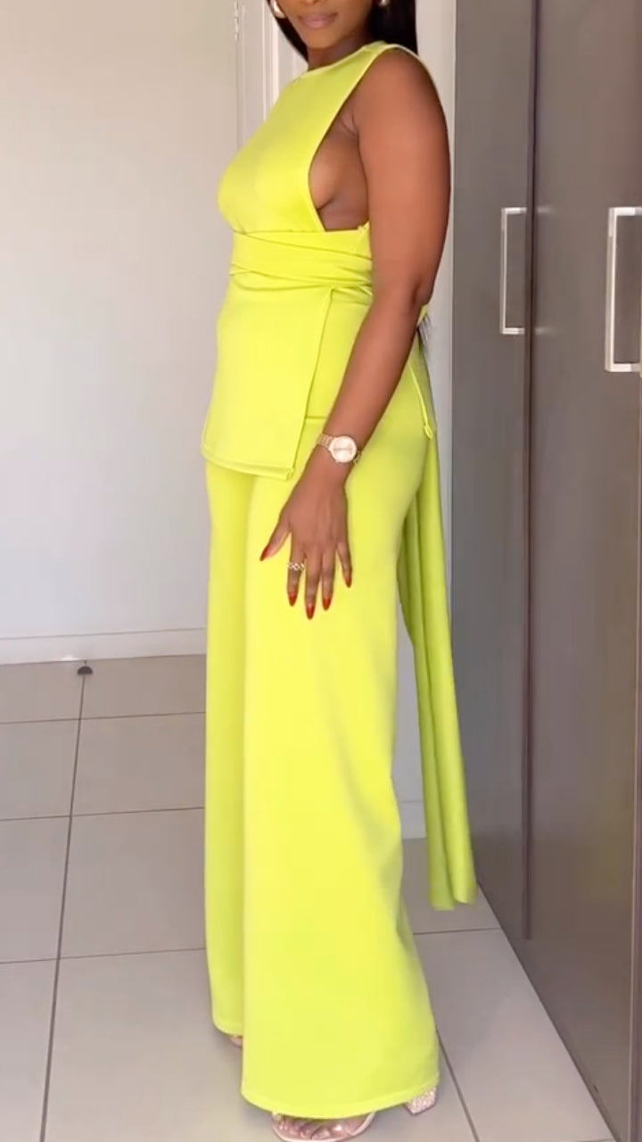 Women's Round Neck Tie-up Top + Fluorescent Casual Pants Set