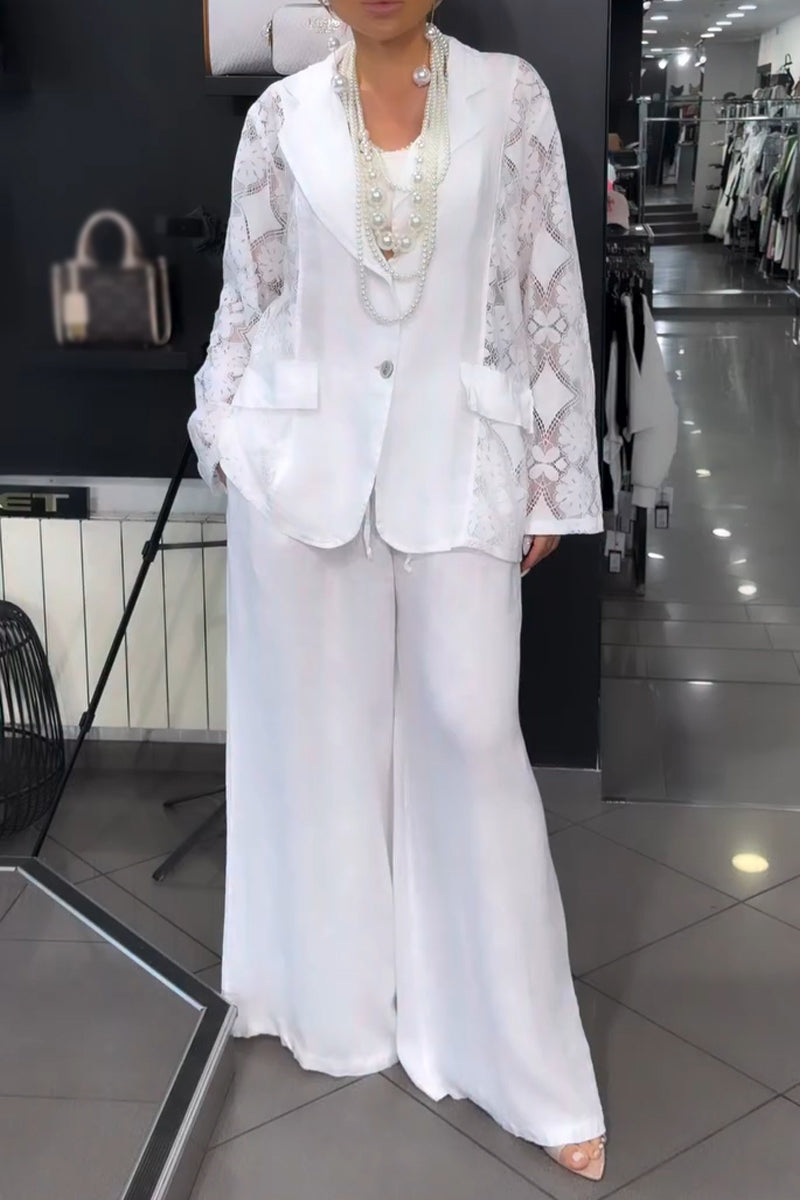Women Collar Patchwork Pattern Hollowed Out Jacket+ Wide Leg Pants Elegant Casual Set